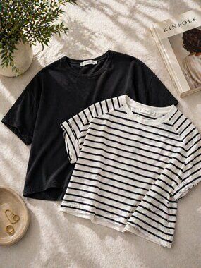 Mango T-Shirt Bundle | Black Oversized Tee + Striped Cropped Tee | Size Small